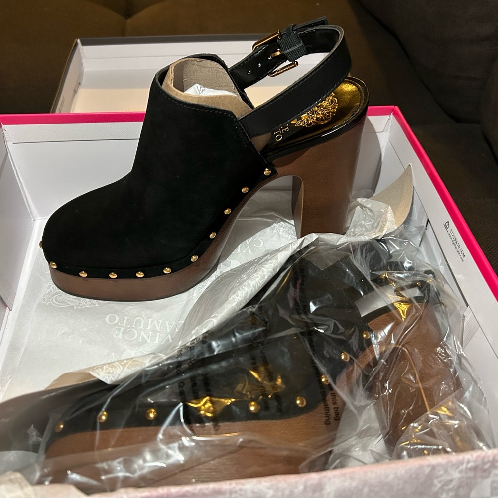 Vince Camuto Black and Brown Heeled Mules